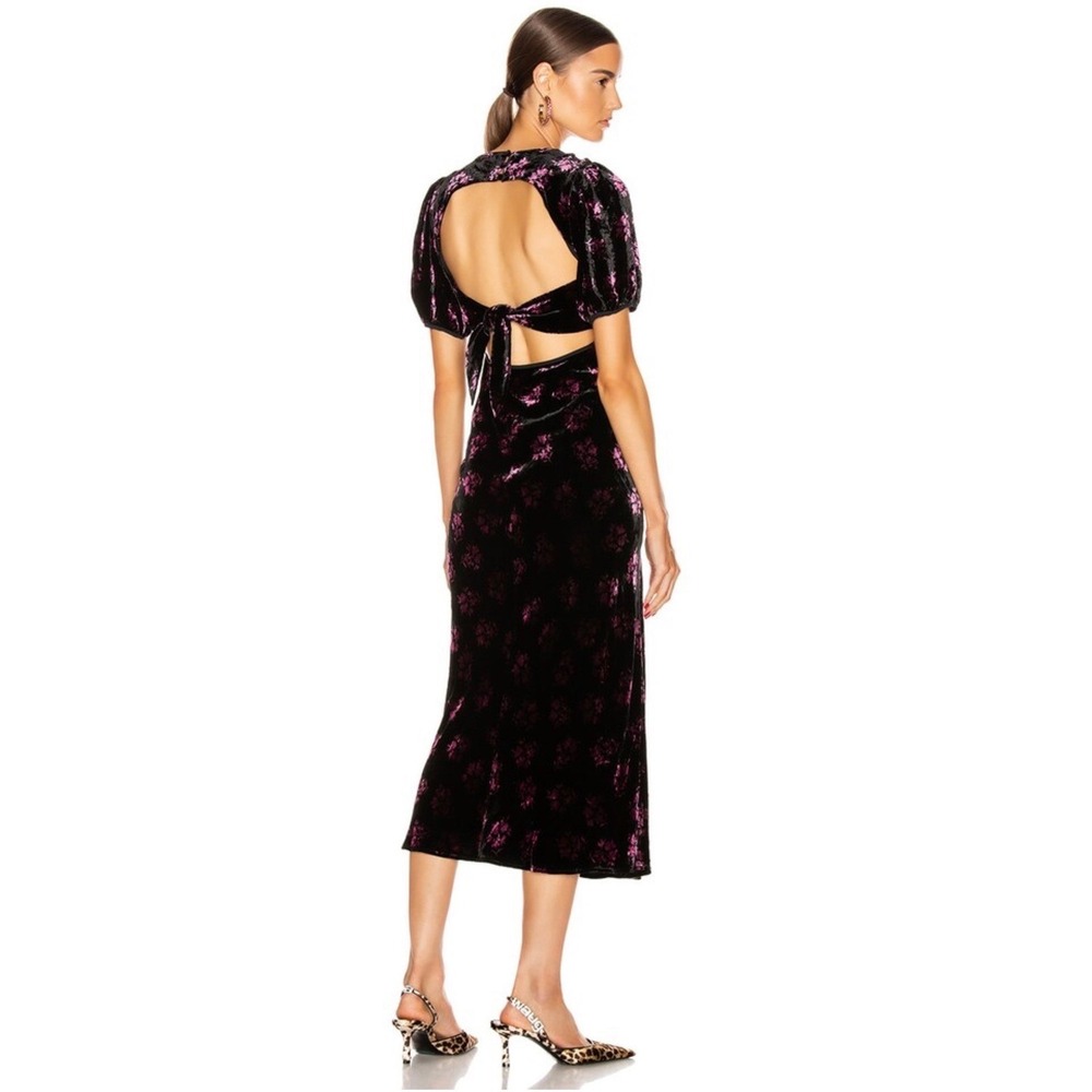 RIXO London Daisy Purple Floral Velvet Burnout Puff Sleeve Open Back Dress M